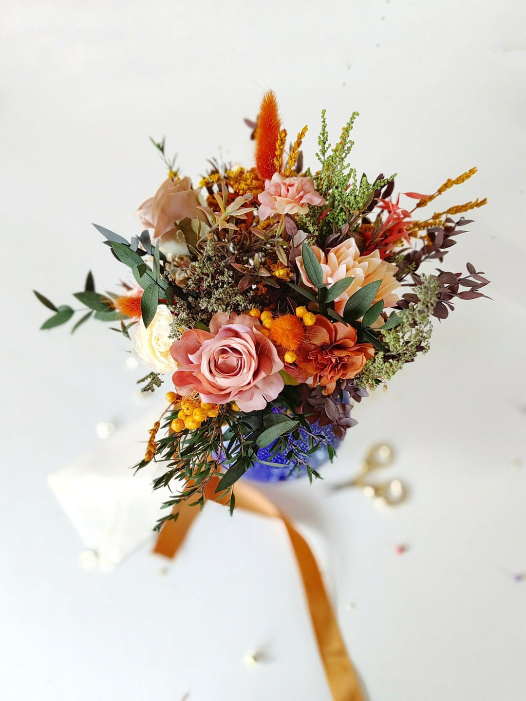 Rustic Terracotta Bridal Bouquet: Autumn Boho Wedding Flowers – handmade floral hair accessory by magaela