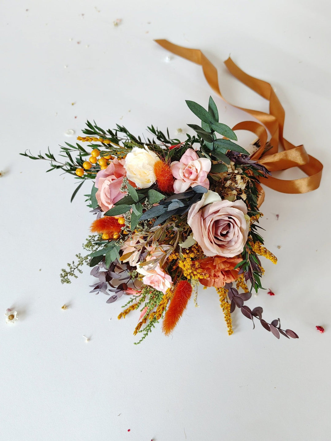 Rustic Terracotta Bridal Bouquet: Autumn Boho Wedding Flowers – handmade floral hair accessory by magaela