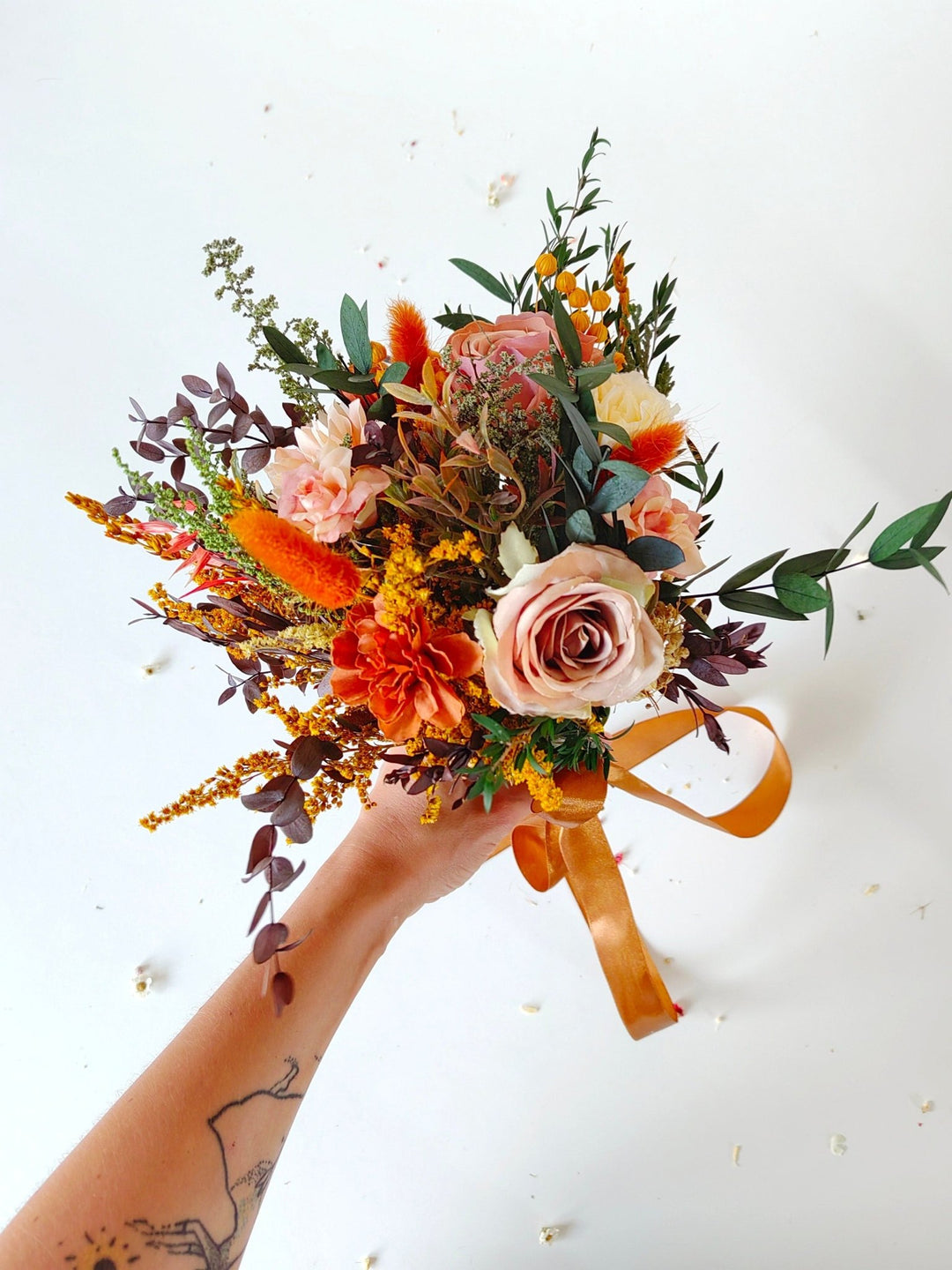 Rustic Terracotta Bridal Bouquet: Autumn Boho Wedding Flowers – handmade floral hair accessory by magaela