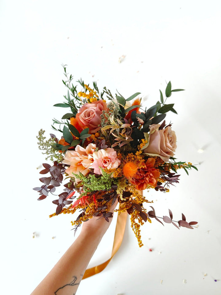 Rustic Terracotta Bridal Bouquet: Autumn Boho Wedding Flowers – handmade floral hair accessory by magaela