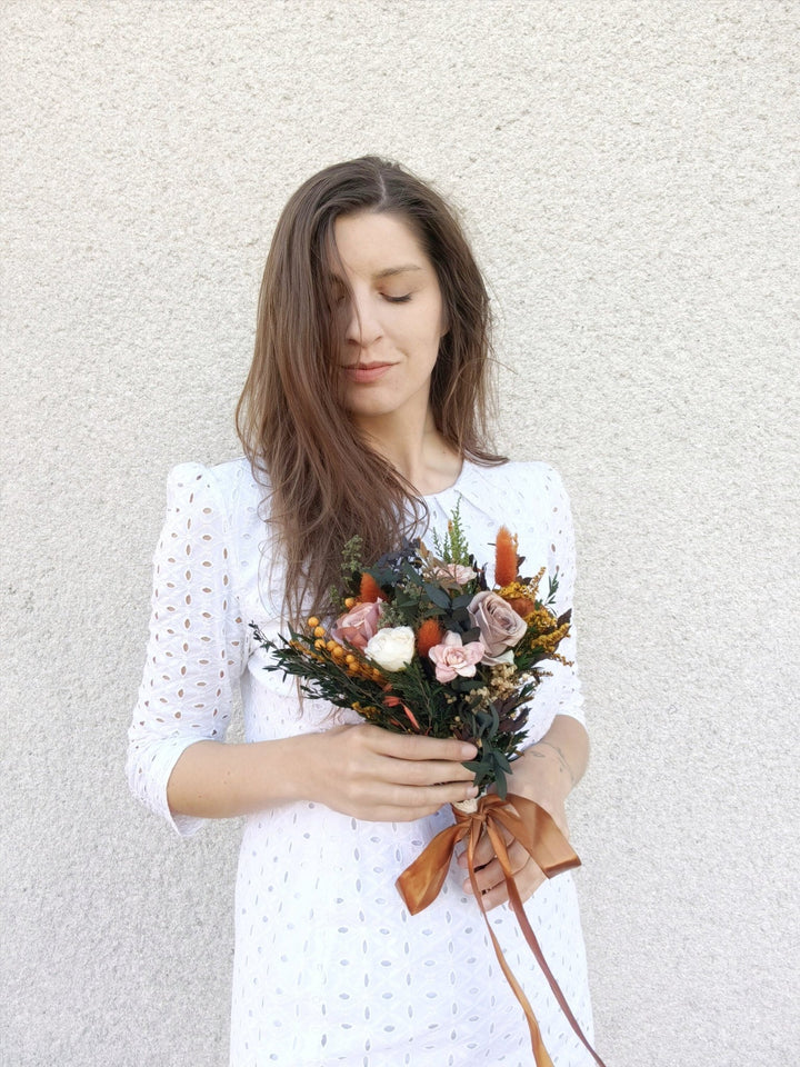 Rustic Terracotta Bridal Bouquet: Autumn Boho Wedding Flowers – handmade floral hair accessory by magaela