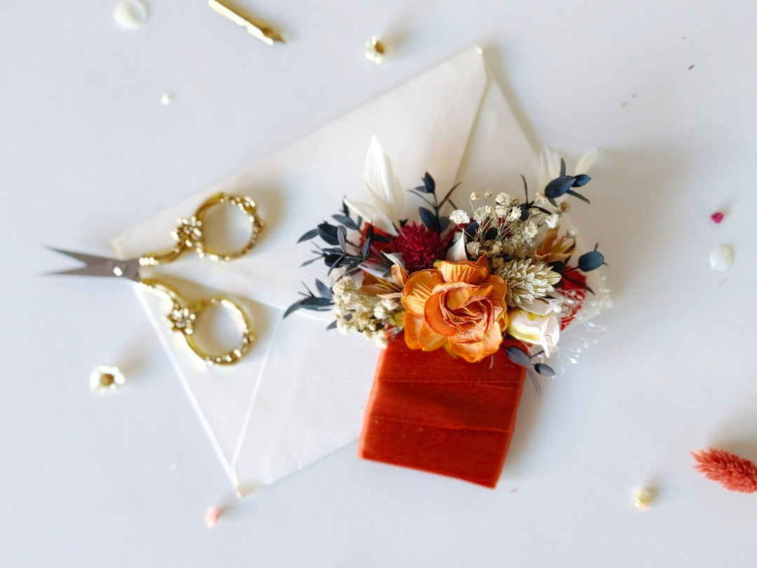 Terracotta Pocket Boutonniere: Rustic Autumn Wedding Accessory – handmade floral hair accessory by magaela