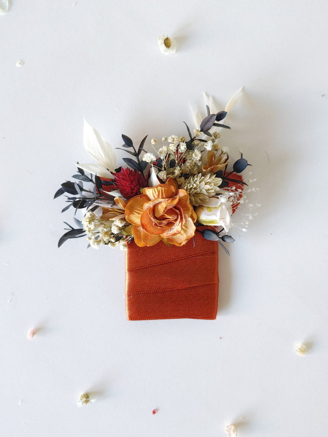 Terracotta Pocket Boutonniere: Rustic Autumn Wedding Accessory – handmade floral hair accessory by magaela
