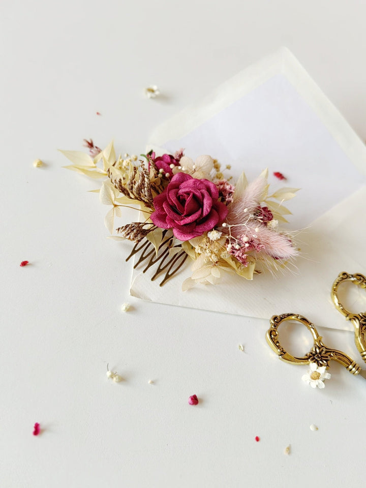 Burgundy Flower Hair Comb: Rustic Autumn Wedding Bridal Accessory – handmade floral hair accessory by magaela
