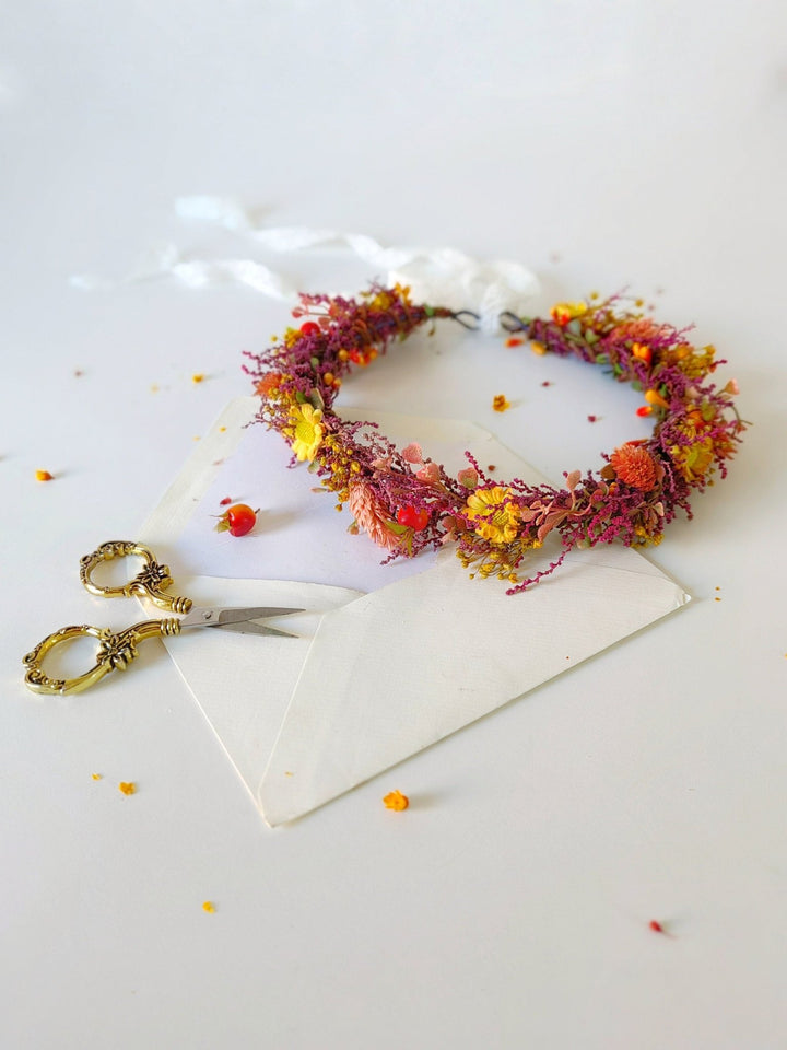 Autumn Flower Hair Crown: Rustic Boho Wedding Headpiece – handmade floral hair accessory by magaela