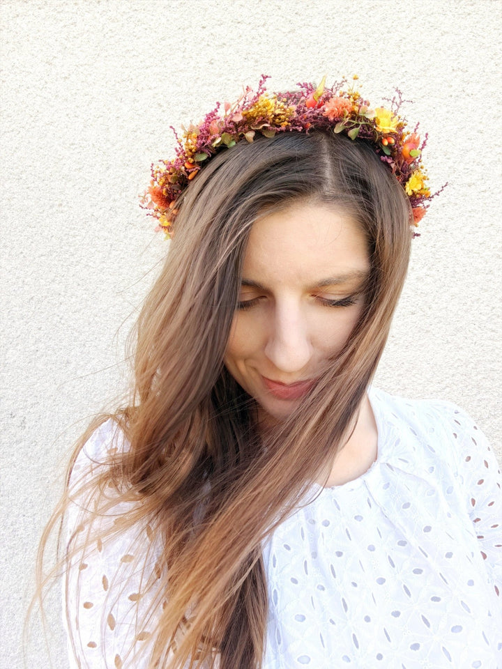Autumn Flower Hair Crown: Rustic Boho Wedding Headpiece – handmade floral hair accessory by magaela