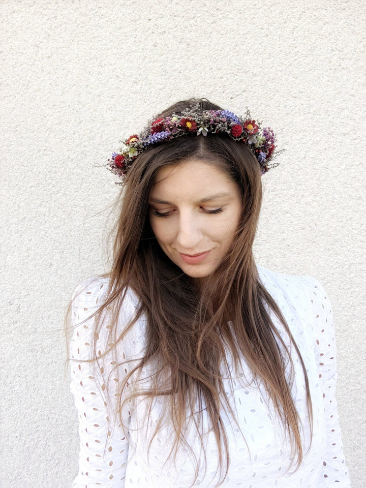 Meadow Flower Hair Crown: Red Purple Boho Wedding Headpiece – handmade floral hair accessory by magaela