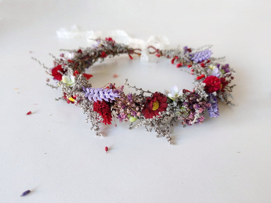 Meadow Flower Hair Crown: Red Purple Boho Wedding Headpiece – handmade floral hair accessory by magaela