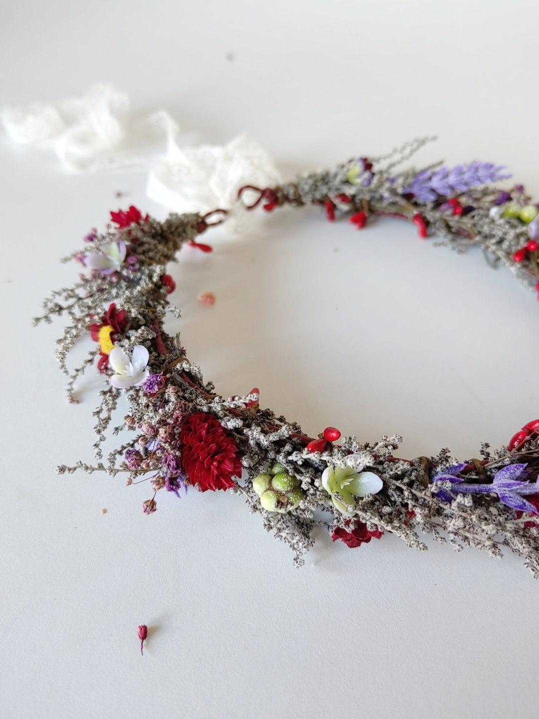 Meadow Flower Hair Crown: Red Purple Boho Wedding Headpiece – handmade floral hair accessory by magaela