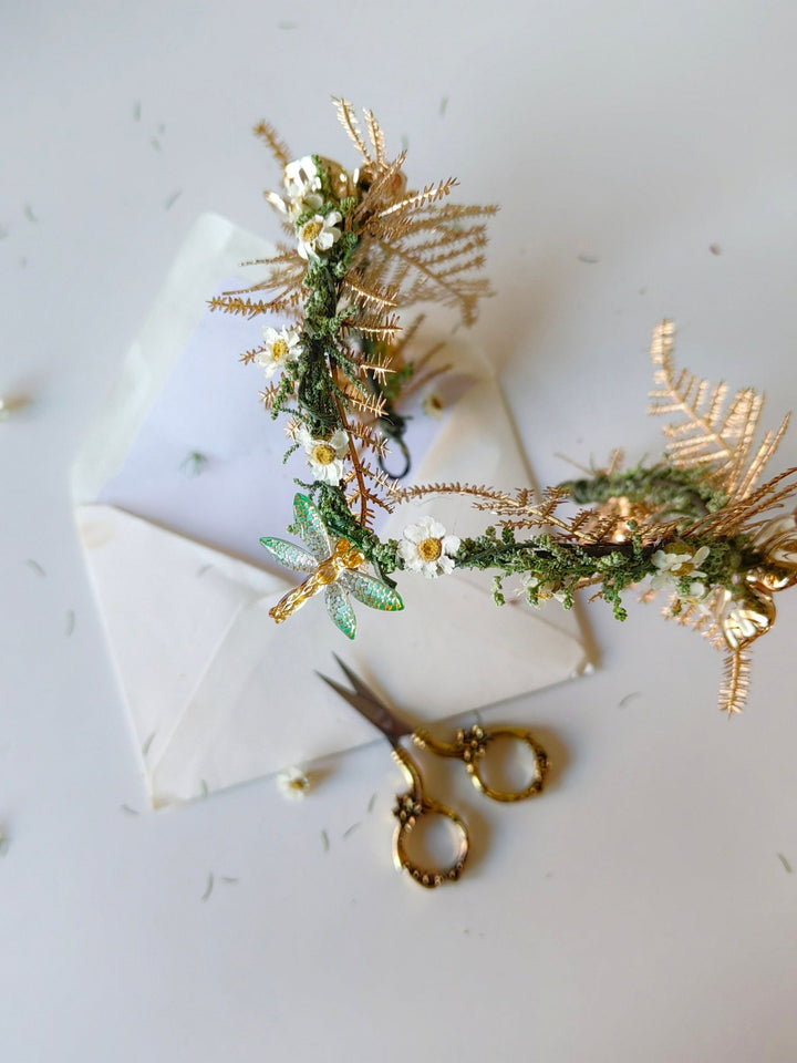 Gold Butterfly Bridal Tiara: Green Flower Pearl Crown – handmade floral hair accessory by magaela