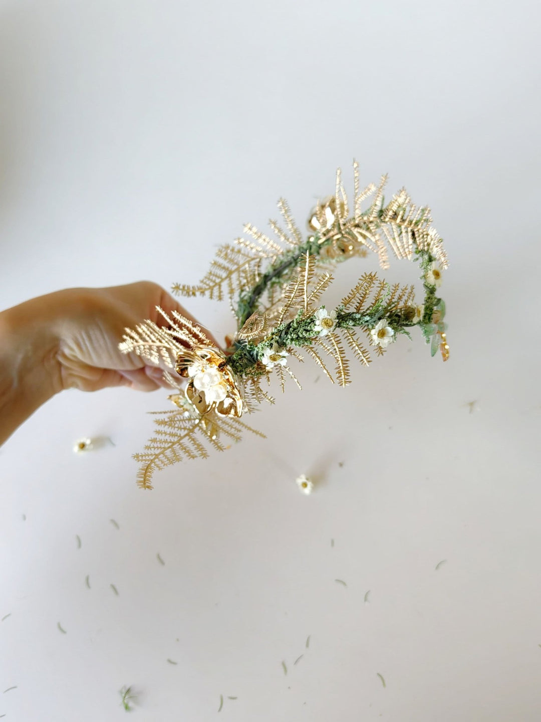 Gold Butterfly Bridal Tiara: Green Flower Pearl Crown – handmade floral hair accessory by magaela