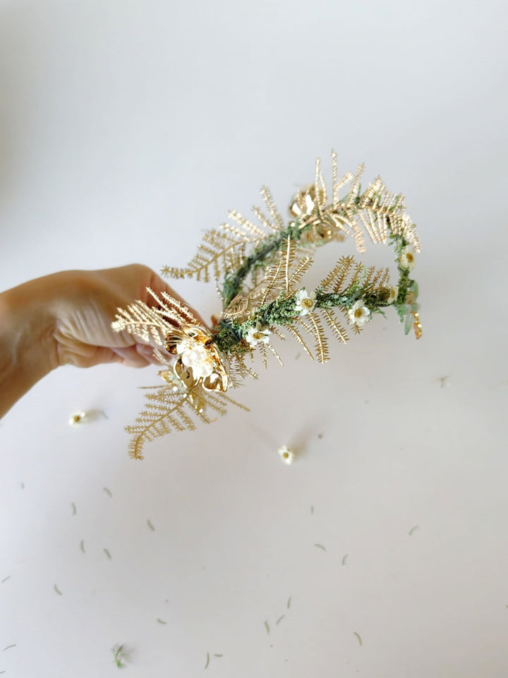 Gold Butterfly Bridal Tiara: Green Flower Pearl Crown – handmade floral hair accessory by magaela