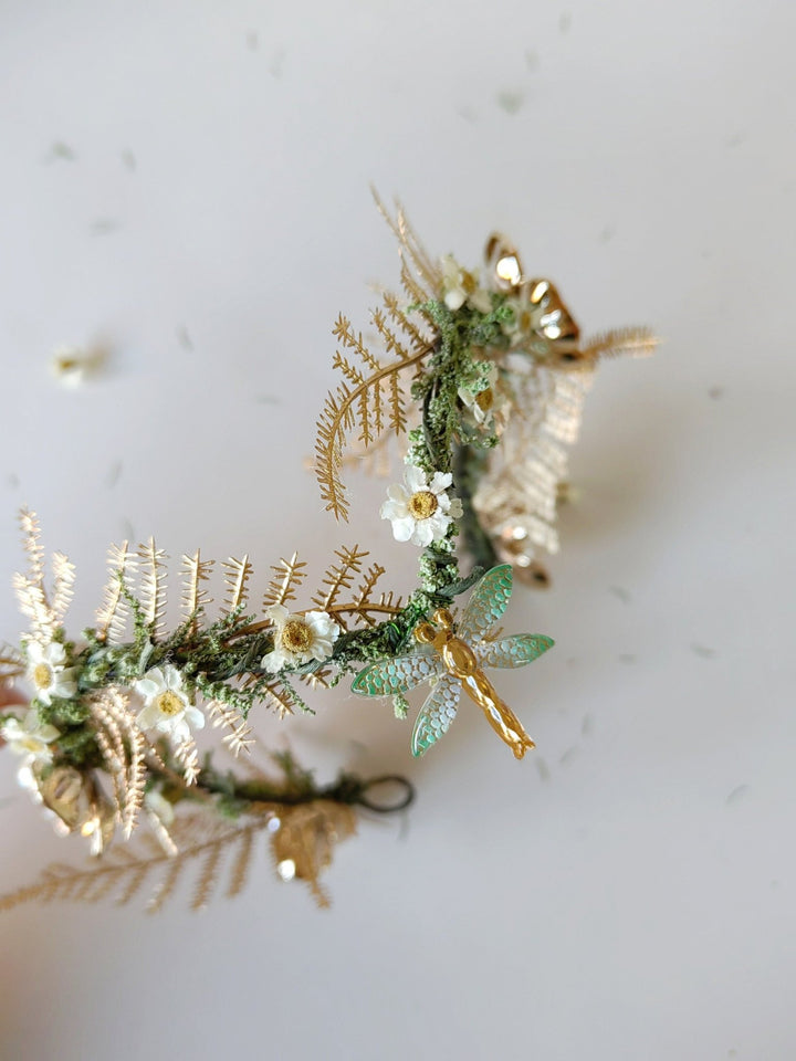 Gold Butterfly Bridal Tiara: Green Flower Pearl Crown – handmade floral hair accessory by magaela