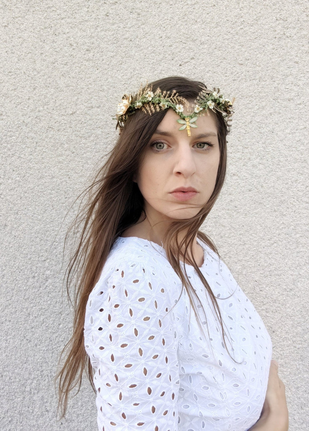 Gold Butterfly Bridal Tiara: Green Flower Pearl Crown – handmade floral hair accessory by magaela