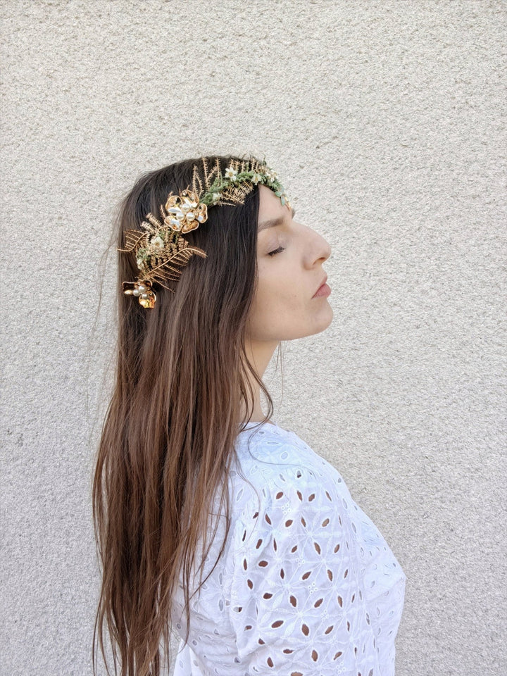 Gold Butterfly Bridal Tiara: Green Flower Pearl Crown – handmade floral hair accessory by magaela