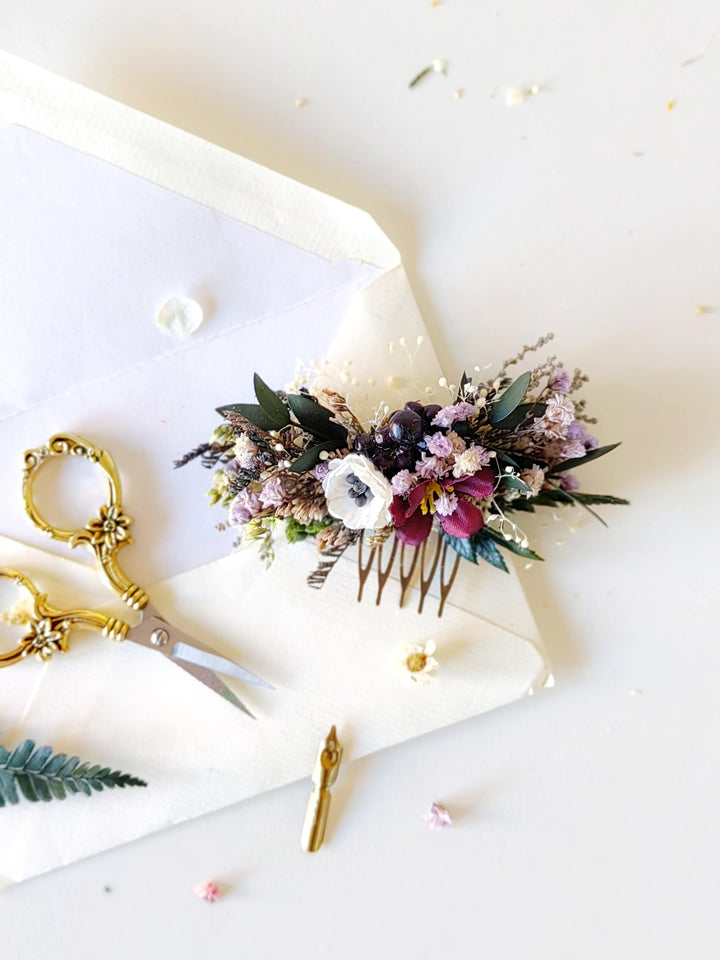 Burgundy Floral Hair Comb: Autumn Wedding Bridal Hairpiece – handmade floral hair accessory by magaela