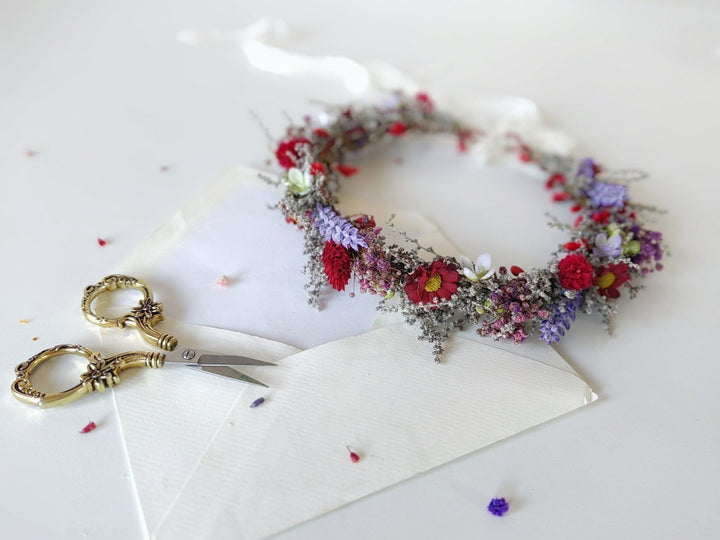 Meadow Flower Hair Crown: Red Purple Boho Wedding Headpiece – handmade floral hair accessory by magaela