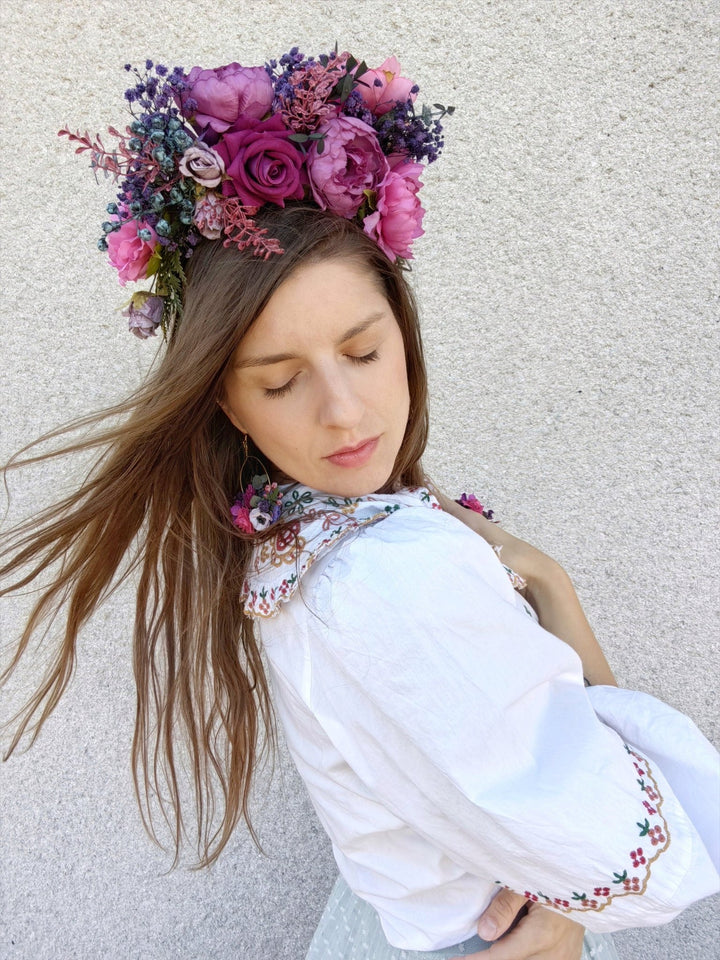 Magenta Flower Headband: Frida , Double Sided – handmade floral hair accessory by magaela