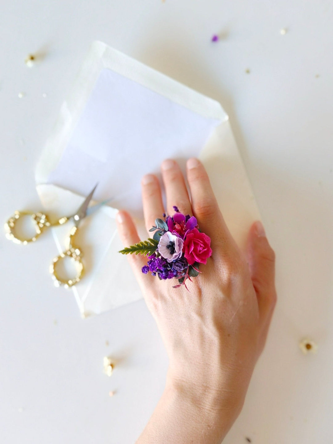 Magenta Flower Ring: Boho Wedding Jewelry, Adjustable Band – handmade floral hair accessory by magaela