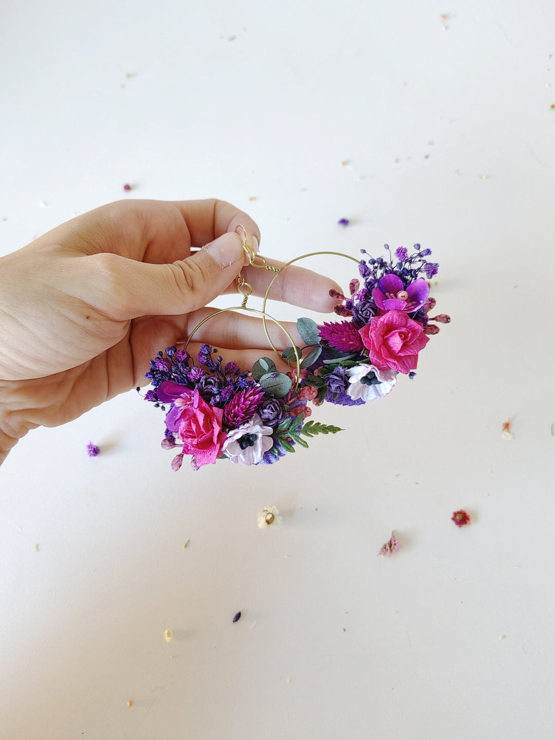 Magenta Flower Circle Earrings: Unique Wedding Jewelry – handmade floral hair accessory by magaela
