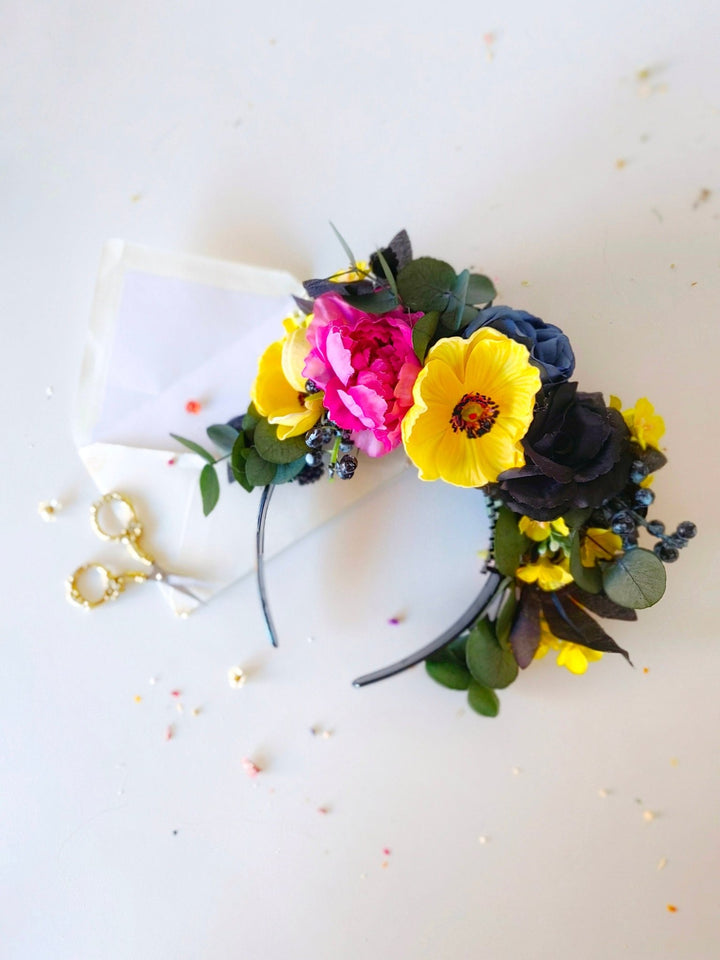 Frida Flower Headpiece: Magenta & Yellow Anemones, Blackberry Accent – handmade floral hair accessory by magaela