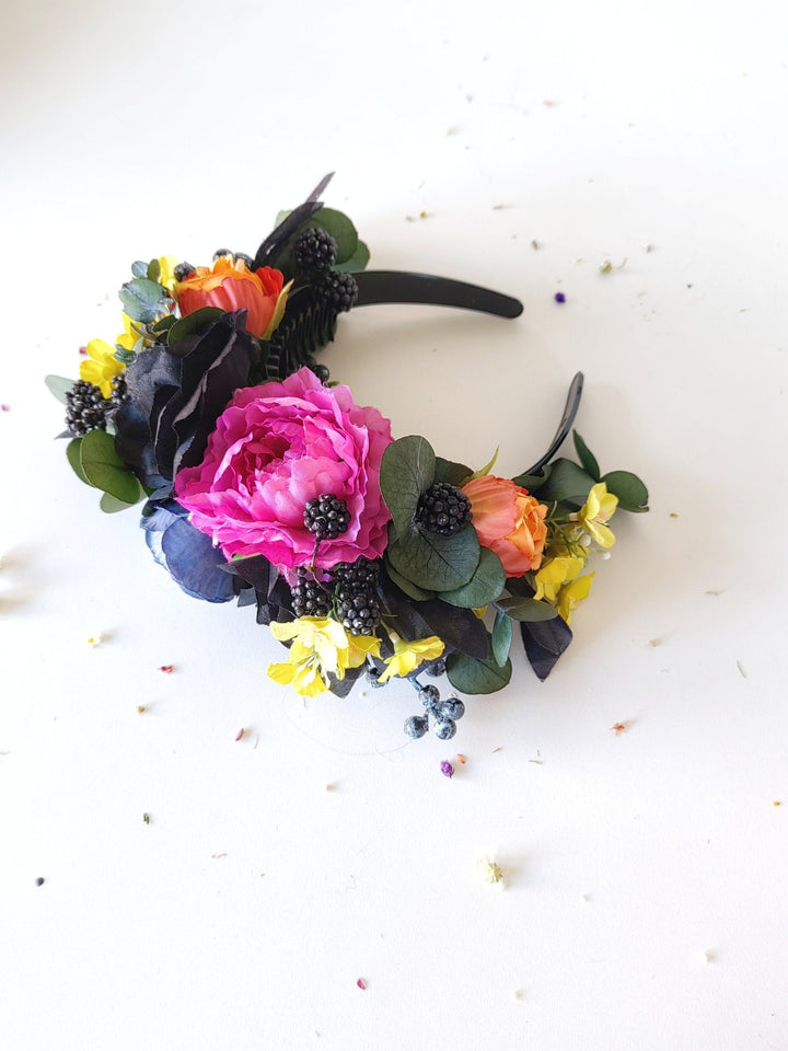 Frida Flower Headpiece: Magenta & Yellow Anemones, Blackberry Accent – handmade floral hair accessory by magaela