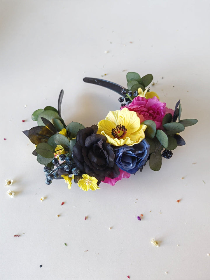Colorful flower headpiece: Frida headpiece with blackberries – handmade floral hair accessory by magaela