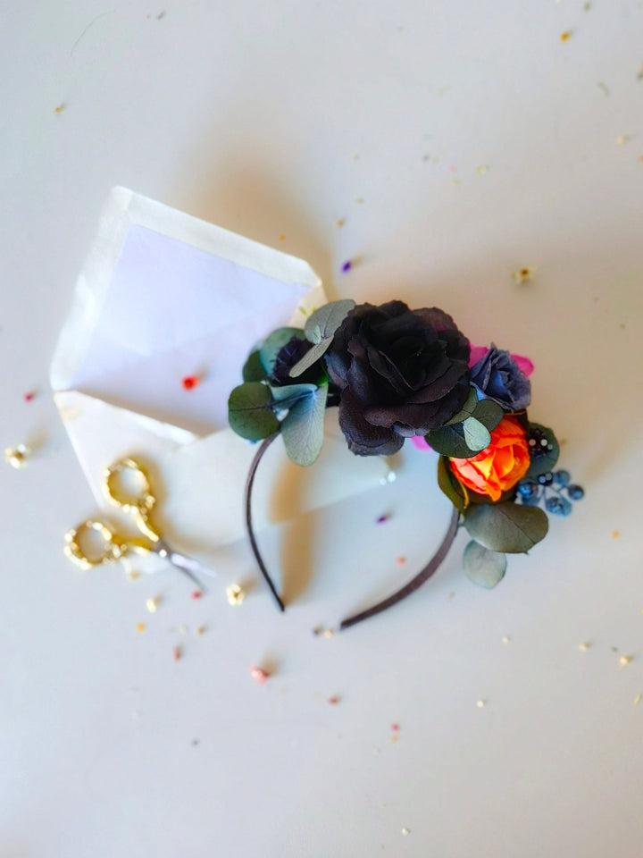 Frida Colorful Flower Headpiece: Summer wedding headband – handmade floral hair accessory by magaela