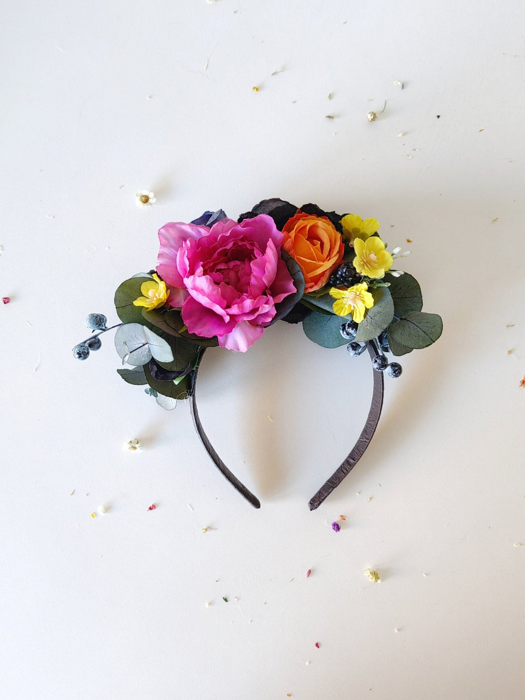 Frida Colorful Flower Headpiece: Summer wedding headband – handmade floral hair accessory by magaela