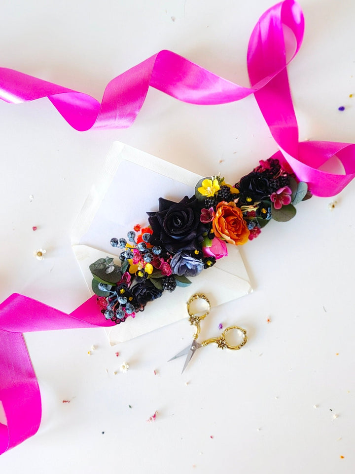 Black Rose Wedding Belt: Magenta Ribbon, Boho Bridal Flower Belt – handmade floral hair accessory by magaela