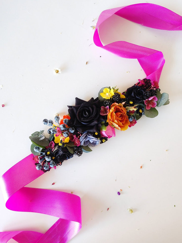 Black Rose Wedding Belt: Magenta Ribbon, Boho Bridal Flower Belt – handmade floral hair accessory by magaela