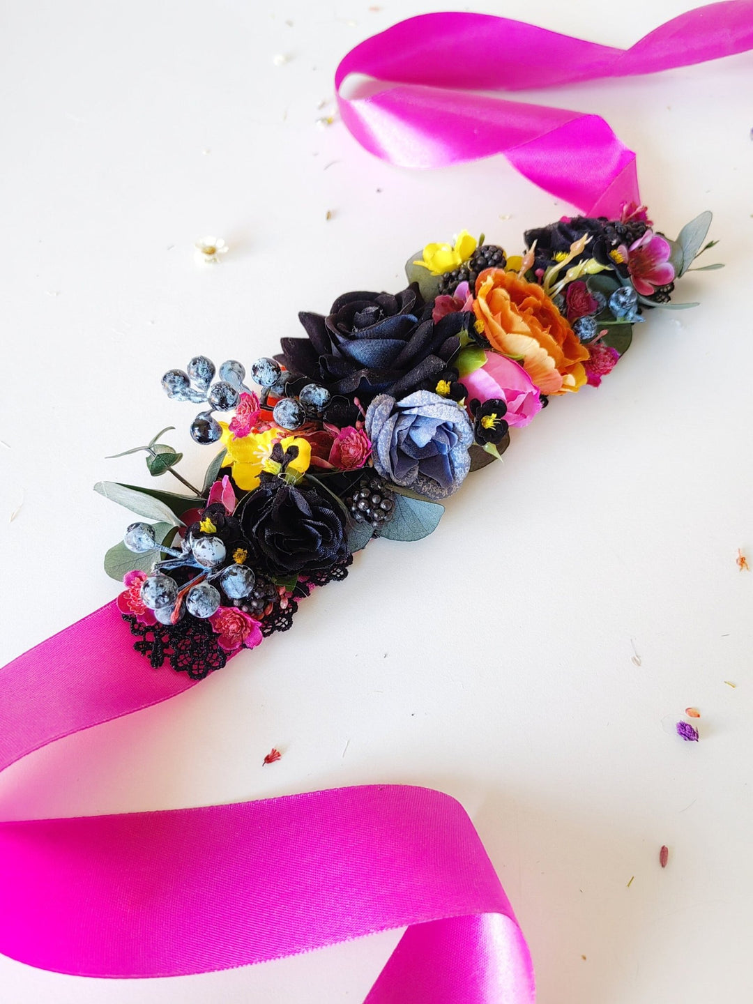 Black Rose Wedding Belt: Magenta Ribbon, Boho Bridal Flower Belt – handmade floral hair accessory by magaela