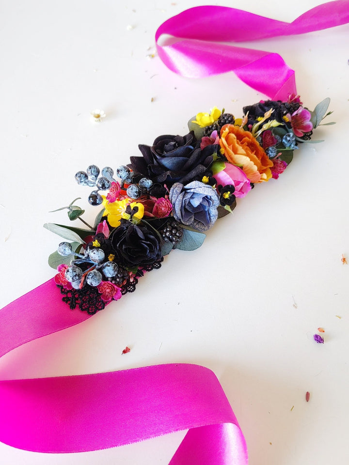 Black Rose Wedding Belt: Magenta Ribbon, Boho Bridal Flower Belt – handmade floral hair accessory by magaela