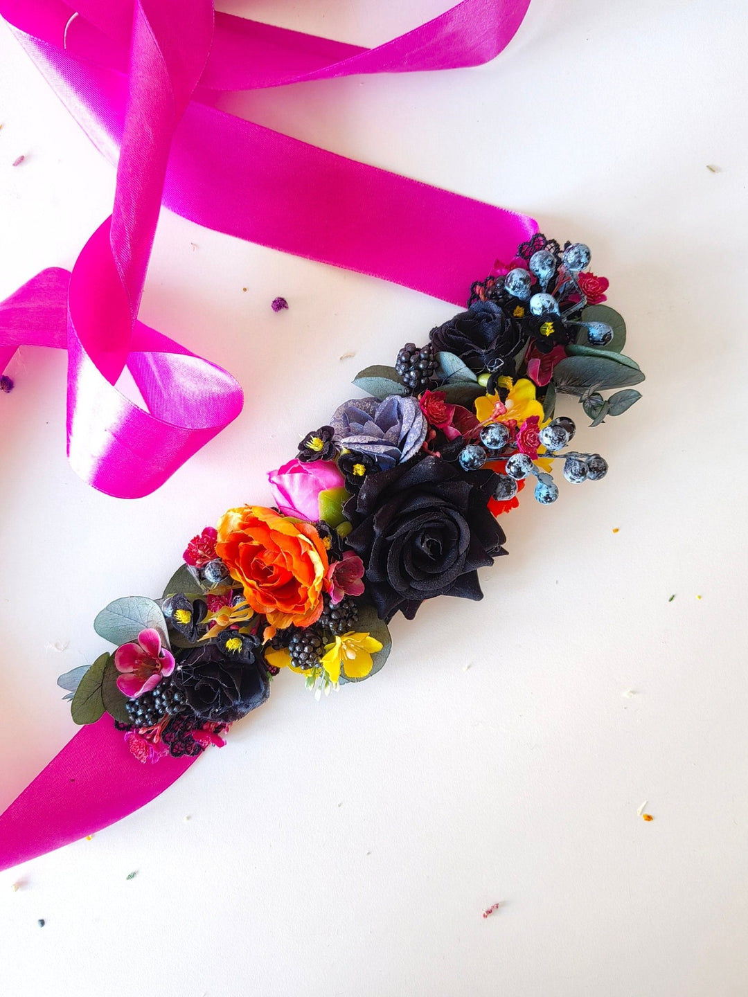 Black Rose Wedding Belt: Magenta Ribbon, Boho Bridal Flower Belt – handmade floral hair accessory by magaela