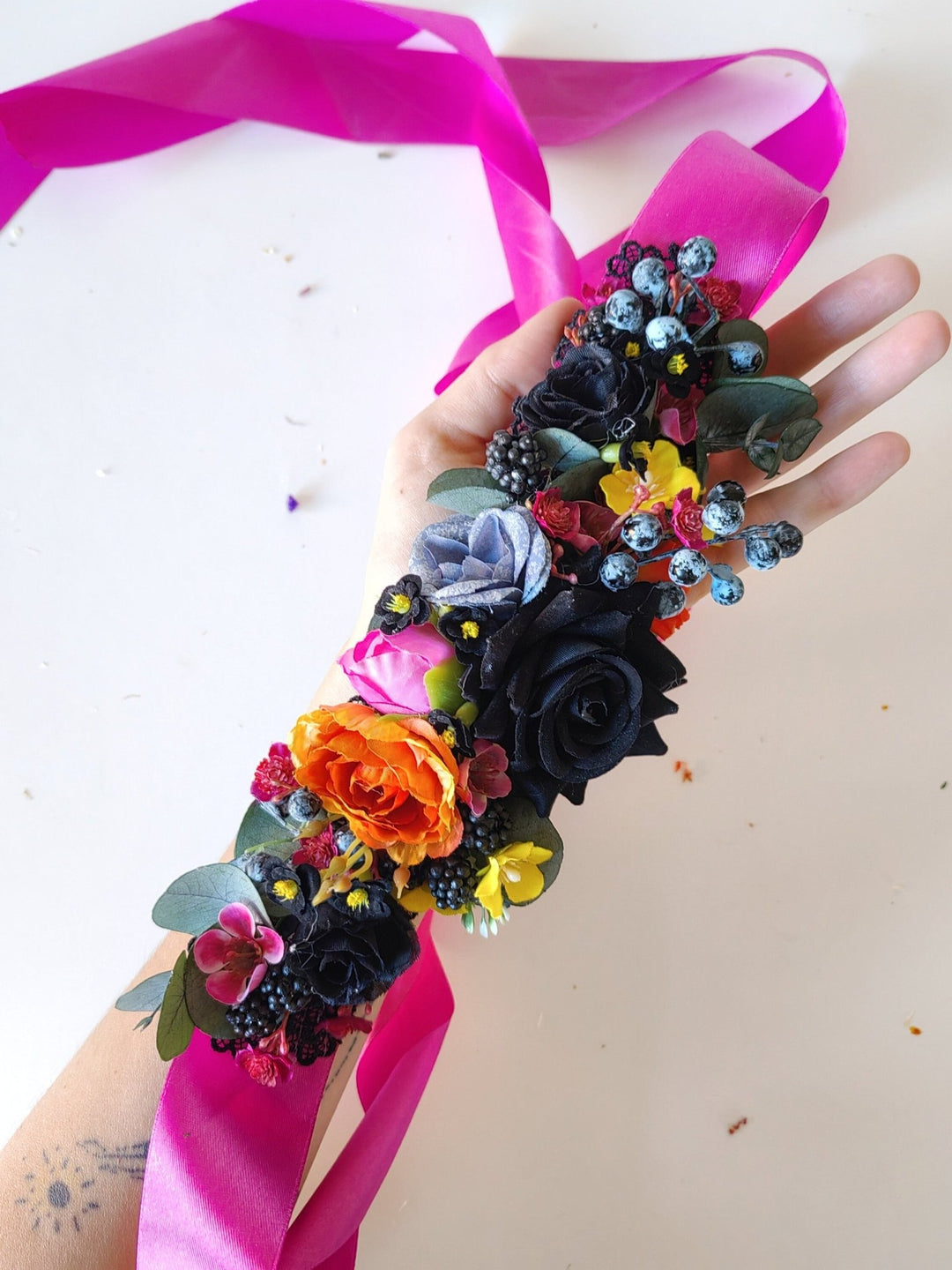 Black Rose Wedding Belt: Magenta Ribbon, Boho Bridal Flower Belt – handmade floral hair accessory by magaela