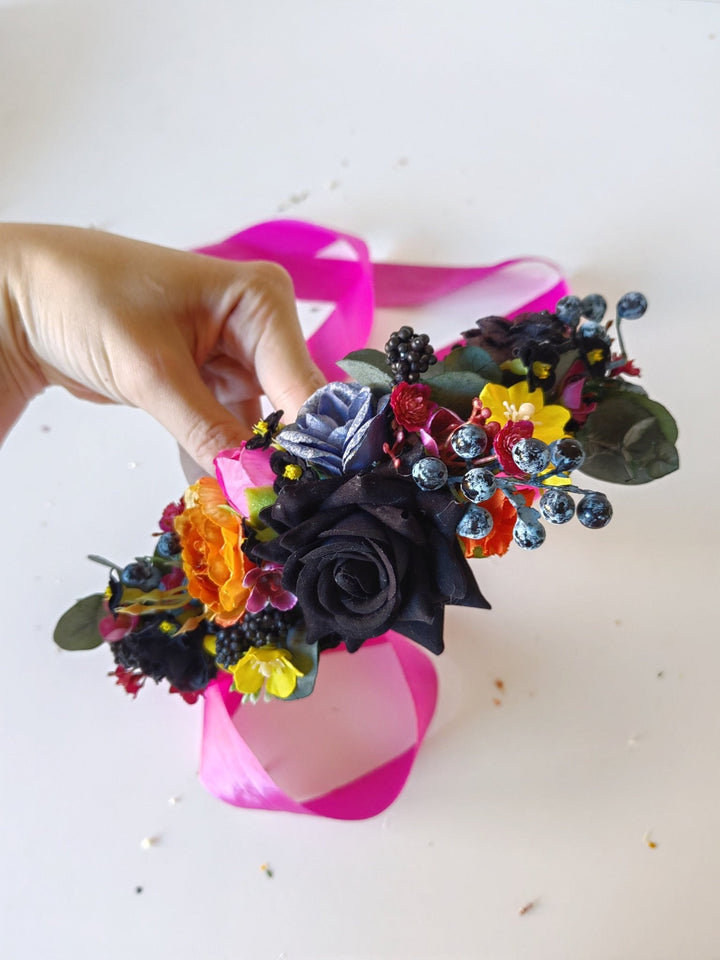 Black Rose Wedding Belt: Magenta Ribbon, Boho Bridal Flower Belt – handmade floral hair accessory by magaela