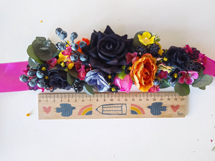 Black Rose Wedding Belt: Magenta Ribbon, Boho Bridal Flower Belt – handmade floral hair accessory by magaela