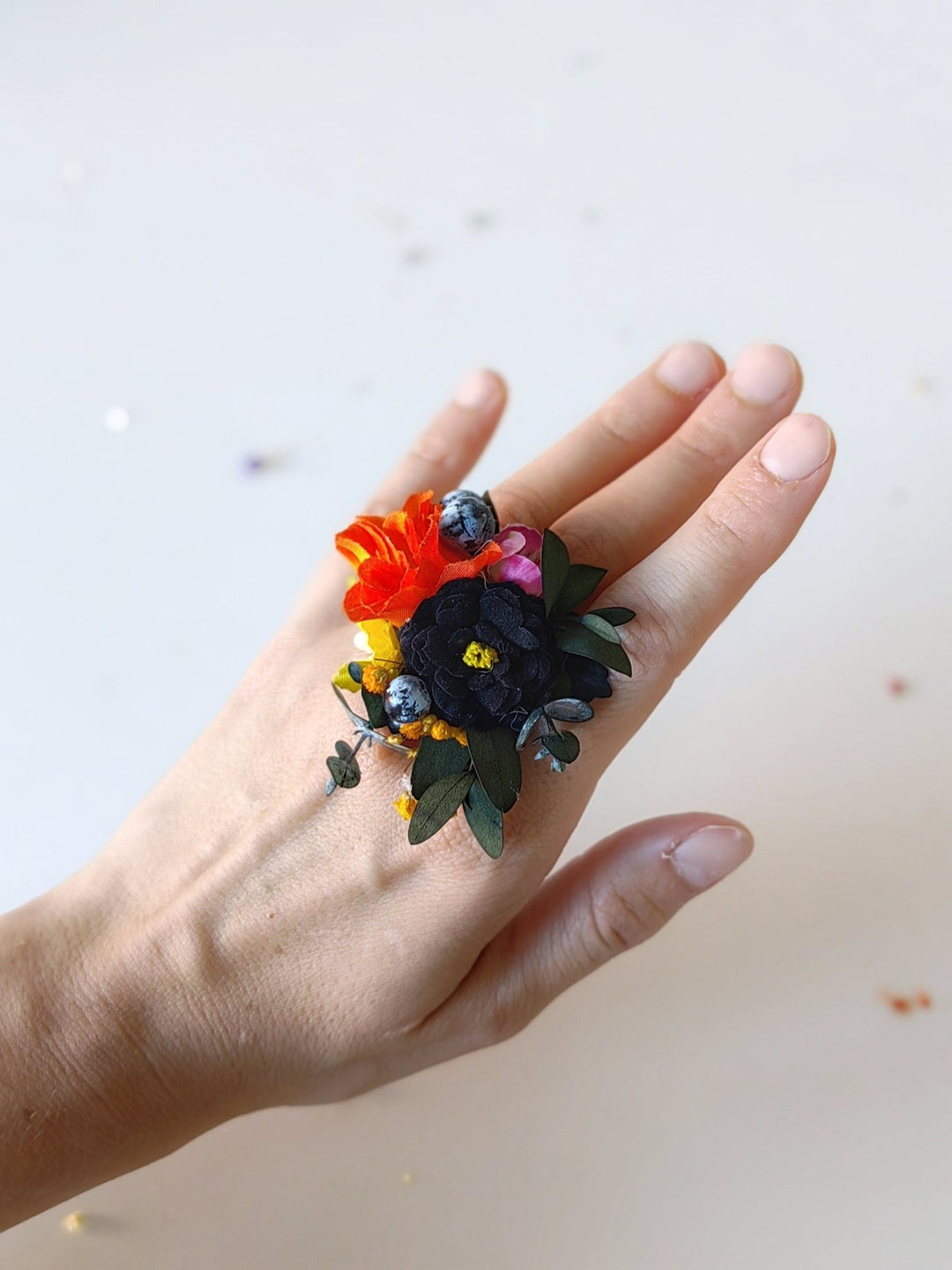 Colorful Boho Flower Ring: Frida Style Wedding Jewelry – handmade floral hair accessory by magaela