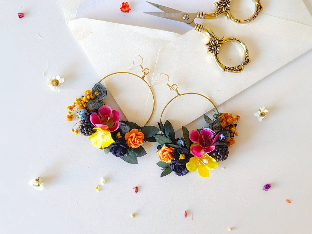 Magenta Flower Circle Earrings: Unique Bridal Jewelry – handmade floral hair accessory by magaela