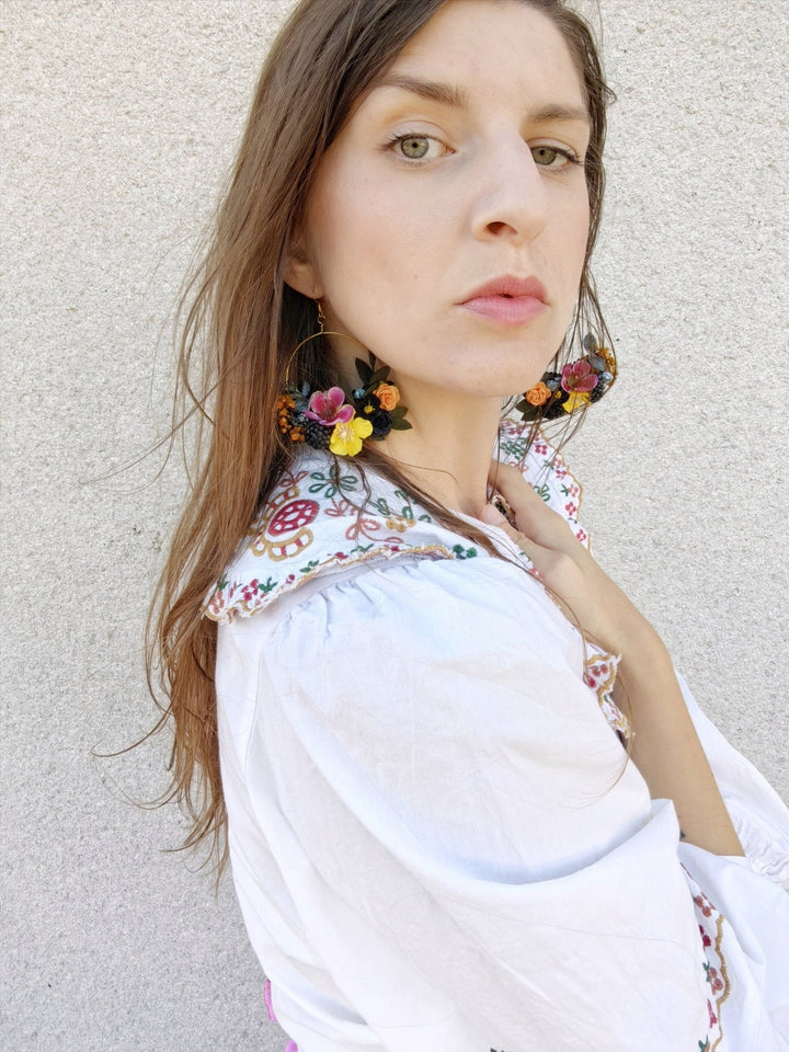 Magenta Flower Circle Earrings: Unique Wedding Jewelry – handmade floral hair accessory by magaela