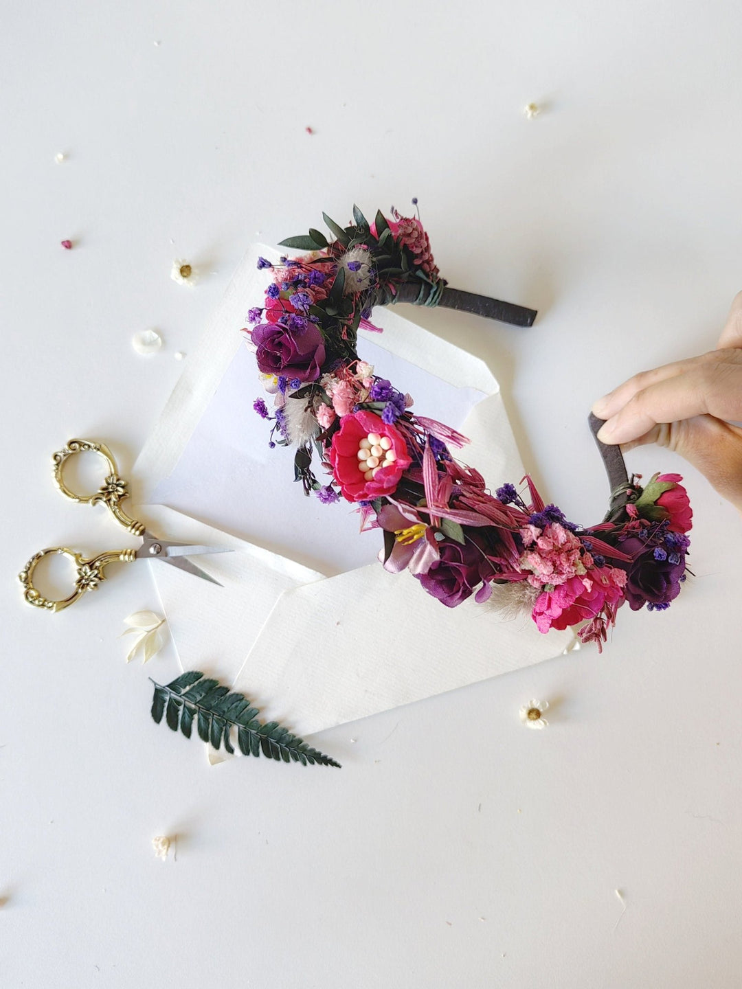 Magenta Purple Flower Headband: Boho Bridal Headpiece – handmade floral hair accessory by magaela