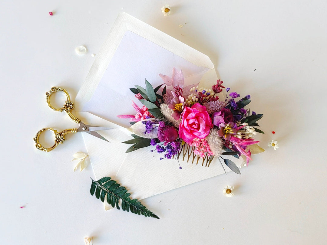 Magenta Flower Hair Comb: Boho Wedding Bridal Hair Accessory – handmade floral hair accessory by magaela
