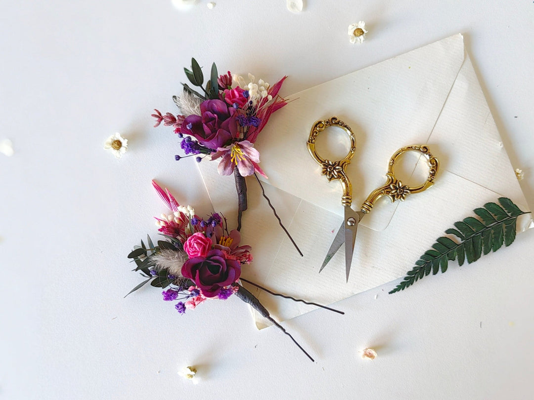 Purple Flower Hairpins: Magenta Wedding Bridal Hair Accessory – handmade floral hair accessory by magaela