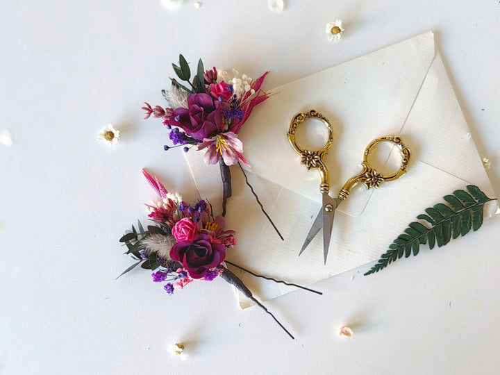 Purple Flower Hairpins: Magenta Wedding Bridal Hair Accessory – handmade floral hair accessory by magaela