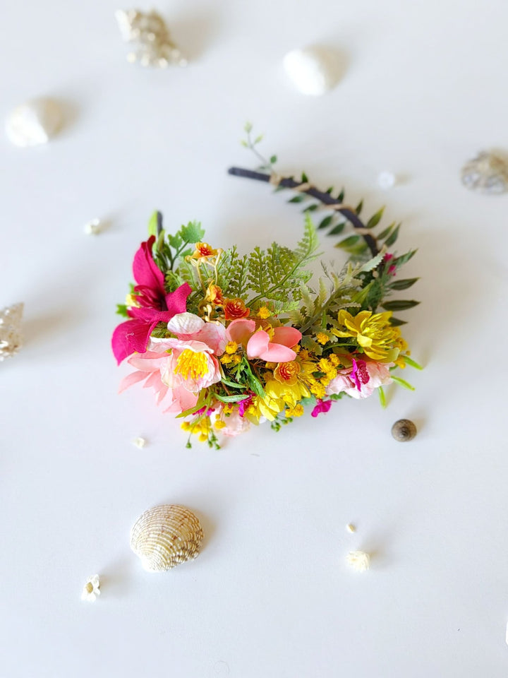 Boho Flower Headband: Pink, Yellow & Green Bridal Headpiece – handmade floral hair accessory by magaela