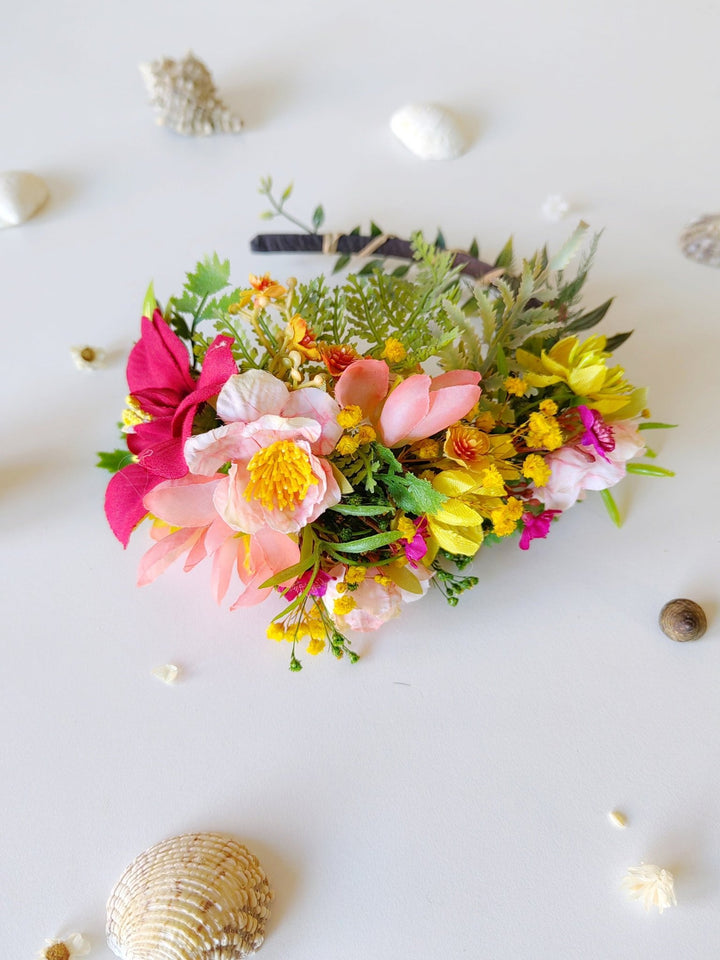 Boho Flower Headband: Pink, Yellow & Green Bridal Headpiece – handmade floral hair accessory by magaela