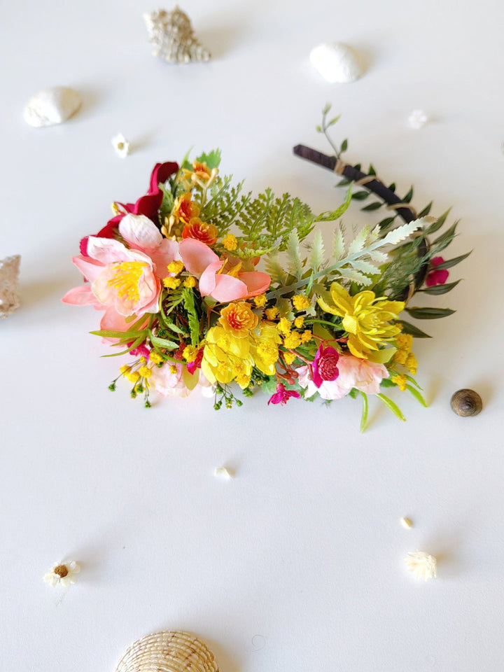 Boho Flower Headband: Pink, Yellow & Green Bridal Headpiece – handmade floral hair accessory by magaela