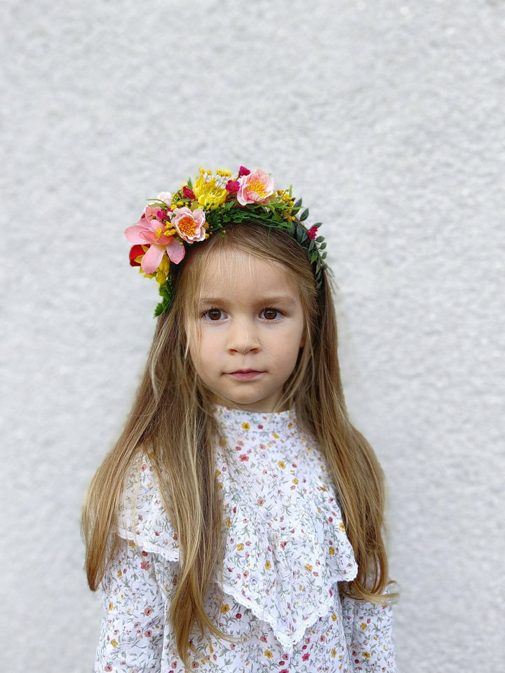 Boho Flower Headband: Pink, Yellow & Green Bridal Headpiece – handmade floral hair accessory by magaela