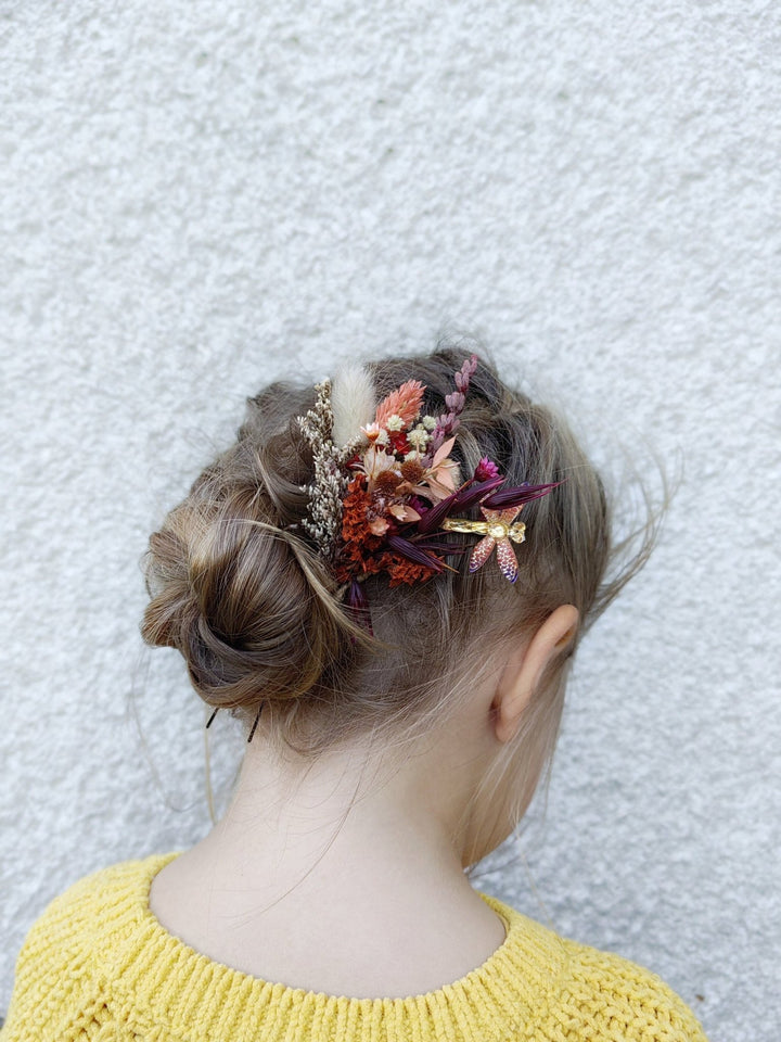 Terracotta Flower Hairpins: Bee & Gold Glam Boho Wedding Headpiece – handmade floral hair accessory by magaela