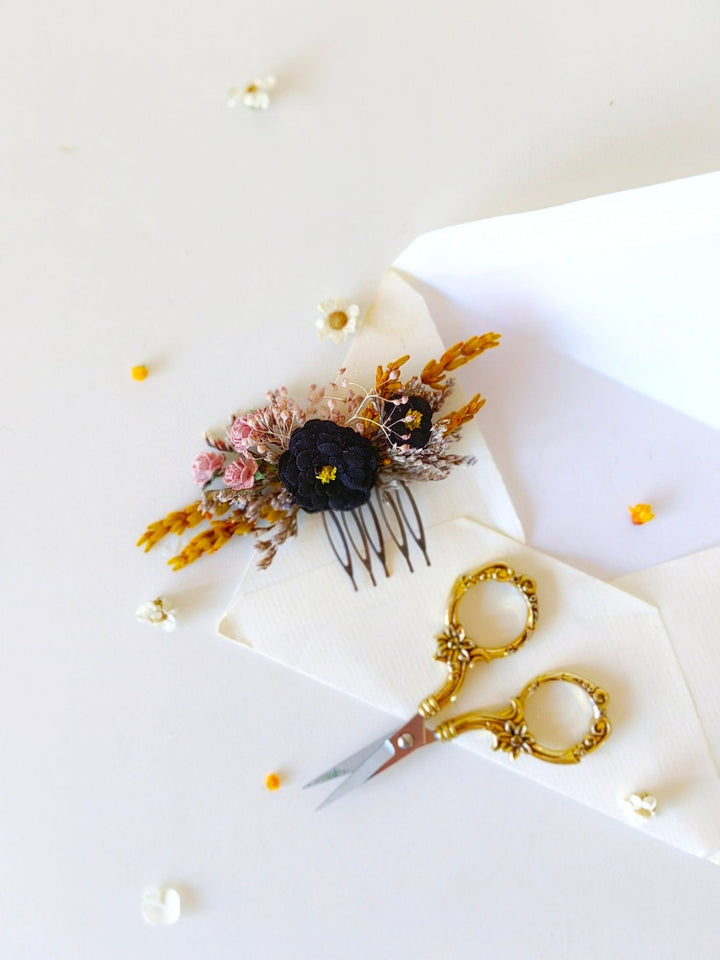 Ochre & Black Flower Hair Comb: Autumn Wedding Bridal Clip – handmade floral hair accessory by magaela